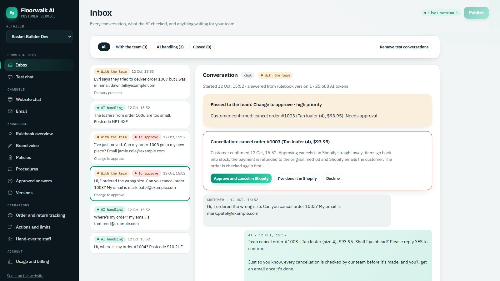 A cancellation the customer confirmed, waiting in the inbox for one-click approval