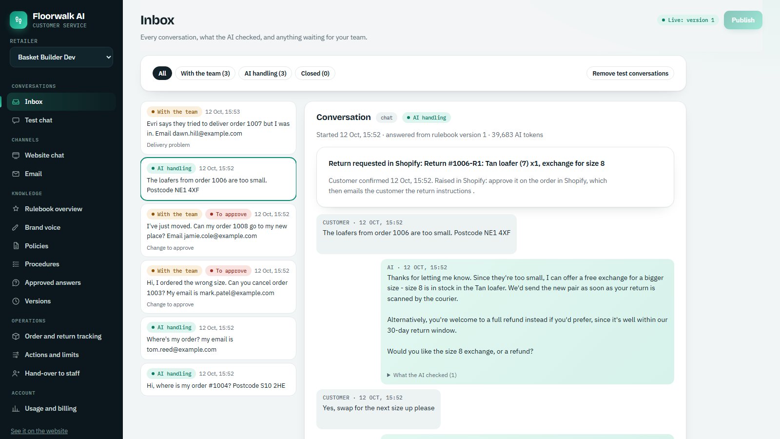 Floorwalk AI's inbox: the AI offering an exchange size that's in stock
